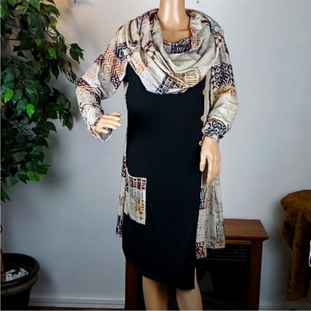 Noracora Boho Geometric Layered Long Sleeve Dress with Cowl Neck - Size L